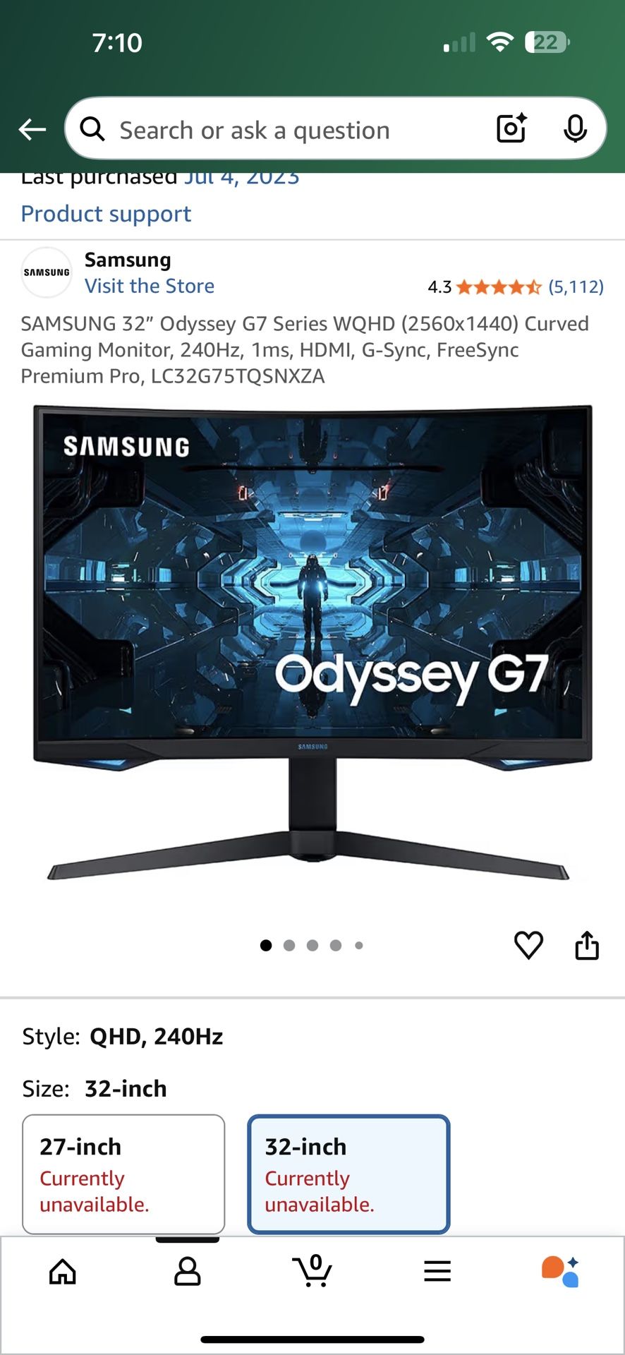 SAMSUNG 32" Odyssey G7 Series WQHD (2560x1440) Curved Gaming Monitor, 240Hz, 1ms, HDMI, G-Sync, FreeSync Premium Pro, LC32G75TQSNXZA