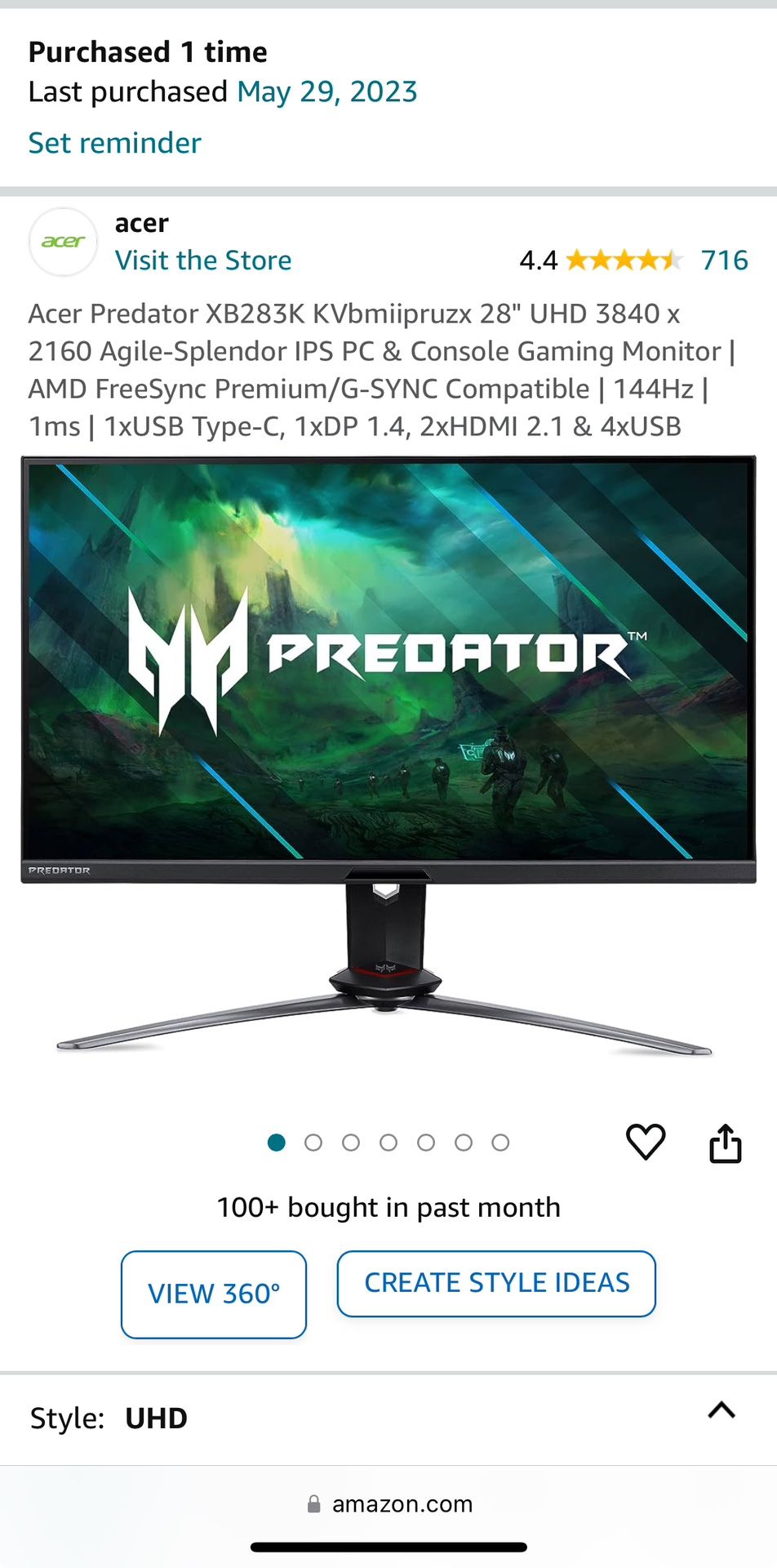 Acer Predator XB283K Monitor, 28” 3840x2160, 144Hz