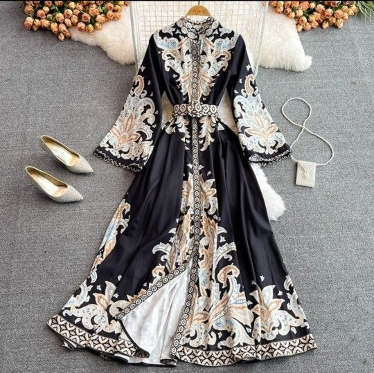 Chinese Vintage Lady Floral Printed High Waist Dress With Belt - Size: M - Style