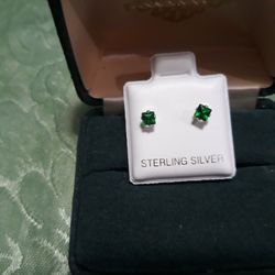 Sterling Silver 3mm Emerald Cz Earrings Square