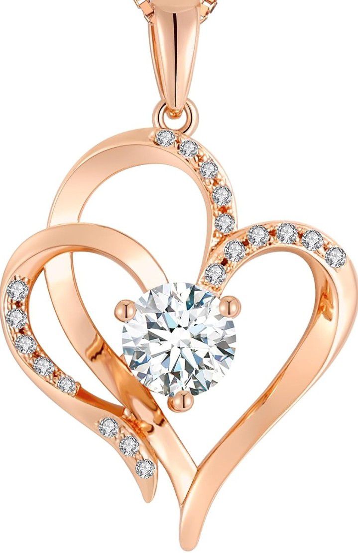 Heart & April Birthstone-Pure 925 Sterling Silver-Rose Gold Plated-Necklace