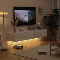 63" TV Stand Hanging TV Consoles Wall TV Cabinet with LED Entertain - White