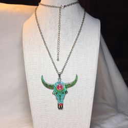 Southwestern Longhorn Bull Head Pendant Accented With Rhinestones Necklace