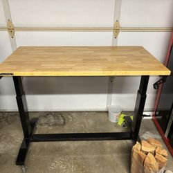 Husky 46 in. W x 24 in. D Adjustable Height Black Workbench Table with Solid Wood Top