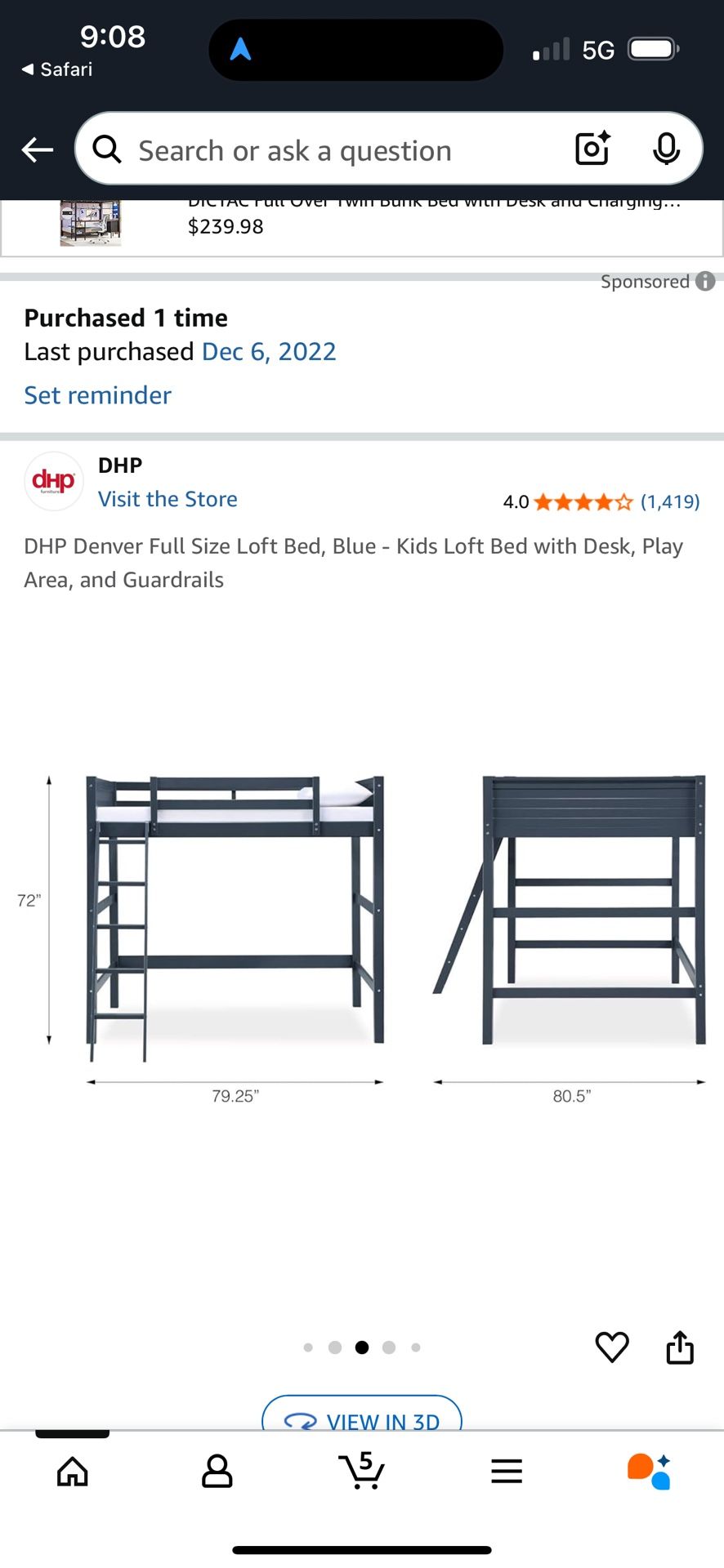 New In Box Kids Navy Blue Full Size Loft Bed