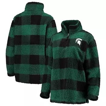 Women's L Green/Black Michigan State Spartans Plaid Sherpa Quarter-Zip Pullover Jacket