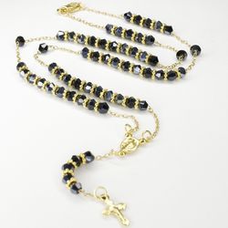 Rosary Black Beads Necklace Gold Plated Blessed by Pope for Women
