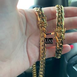 New 18k Yellow Gold Filled Cuban Link Chain And Bracelet 