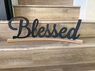 Blessed Metal Sign with Wood Base