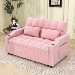 NEW Pink Sinclair Futon Sofa Bed with Adjustable Back, USB Charging Ports, 2 Pillows and Swivel Phone Stand