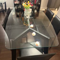 Calligaris Tempered Glass Dining Table + Black Leather Chairs