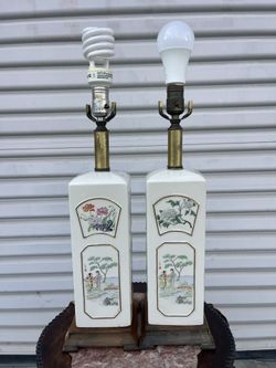 Rare Pair of Mid 20th C. Chinese Figural Porcelain Lamps, Artist Signed, Working