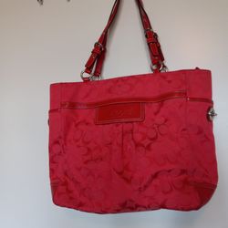 COACH BAG RED CLOTH LEATHER TRIM  LARGE