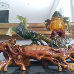 Jade Horse Art Piece Oriental Sculpture Wood