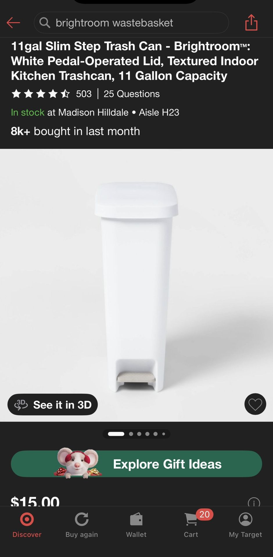 11gal Slim Step Trash Can - Brightroom™: White Pedal-Operated Lid, Textured Indoor Kitchen Trashcan,