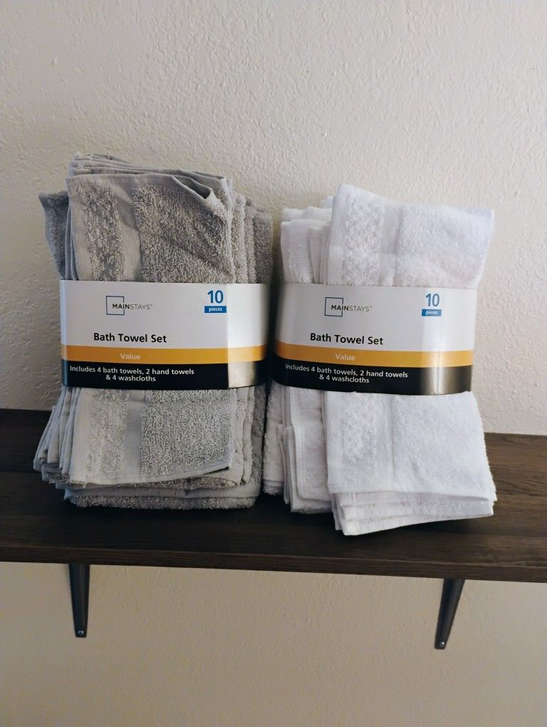 “Brand New 10-Piece Bath Towel Sets – White or Grey – $25 Each or 2 for $45”