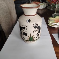 Vintage Mexico Hand Painted Kokopelli Sandstone Pottery Vase