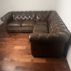 Pottery Barn Button-Tufted Chesterfield Leather Sectional – Apartment Size – Brown