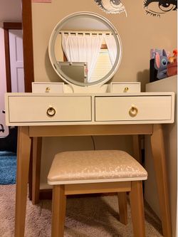 Modern White & Gold Vanity Set with Smart Touch LED Mirror