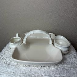 Vintage Shafford Japan White Basketweave Divided Serving Tray with Creamer & Sugar Bowl Set
