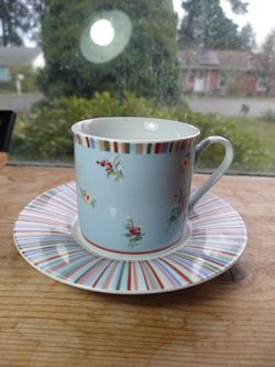 Blue Floral And Striped Tea Cup And Saucer