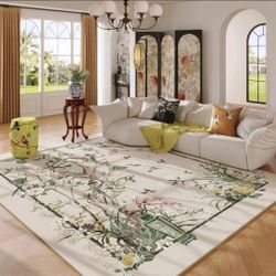 Vowkten 5x7 Chinoiserie Floral Vintage Washable Rug Non Slip Beige