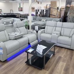 New Gray Genuine Leather Sofa And Love Seat Couch Set With LED Lights, Cup Holders And USB Charging Ports 