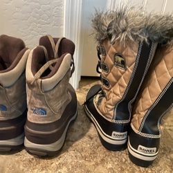 SNOW BOOTS WOMENS..SOREL SIZE 8..THE NORTH FACE 9