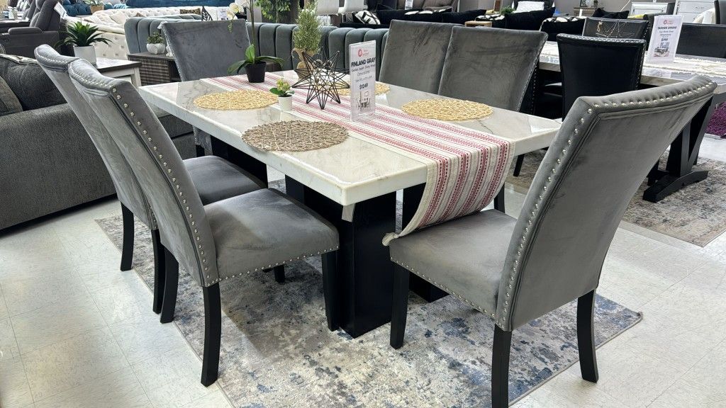 Finland grey dining set with 6 chairs in velvet material. Real marble top available 👍🏼Only $54 Down Payment 💸