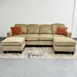 Beige Microfiber Corduroy Modular Sofa with 2 Matching Ottomans