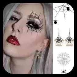 Brand New Brass Tone Web With Black Spider 🕷 Earrings   Halloween 🎃