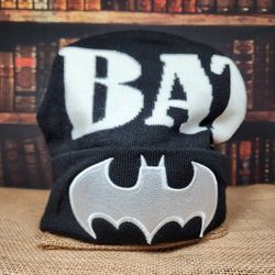 Batman Insignia Black & White Beanie Hat - Embroidered Batman Emblem