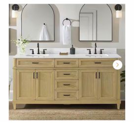 Talmore 72 in. Double Sink Freestanding Light Oak Bathroom Vanity with White Engineered Marble Top (Assembled)