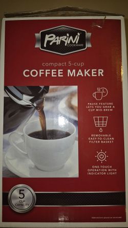 Parini 5-Cup Coffee Maker – $15

Compact Parini coffee maker with 5-cup capacity. Features pause-and-serve, removable filter basket, and one-touch ope