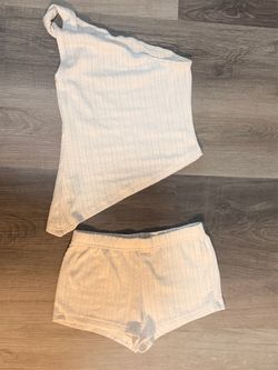 White Textured One-Shoulder Top and Shorts Set