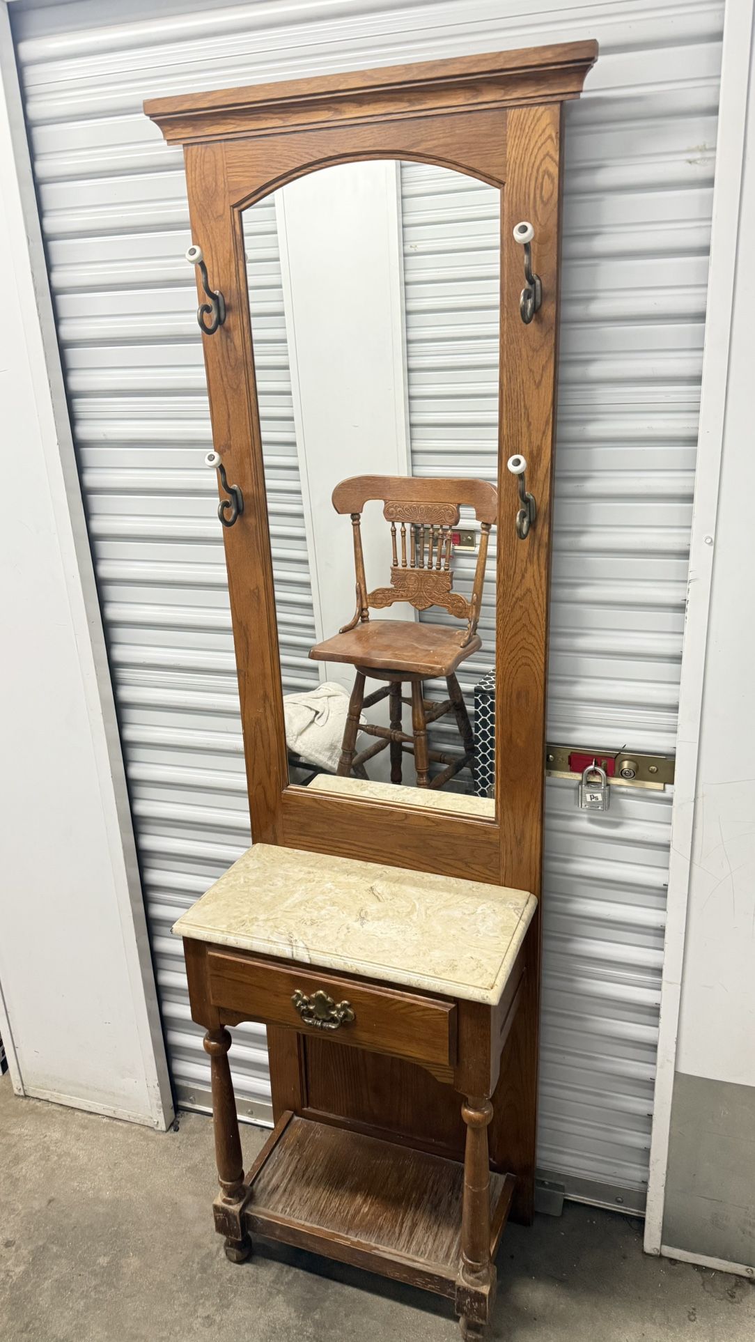 Vintage Oak Hall Tree Hall Stand with Marble Top and Mirror