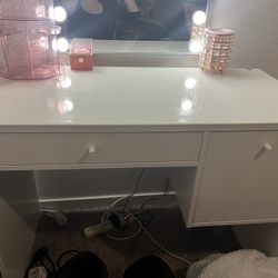 White ikea vanity desk w mirror and decor