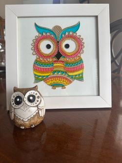 Colorful framed Stained Glass Owl Features Bright and Glossy Hues. Charming Big Eyes Resin Owl