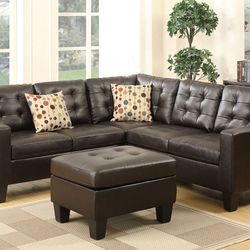 Brand New Espresso Leather Sectional Sofa w Ottoman 