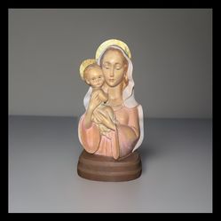 Beautifull European Italian Florentine Hand Carved Wood Madonna Mary With Child Figurine