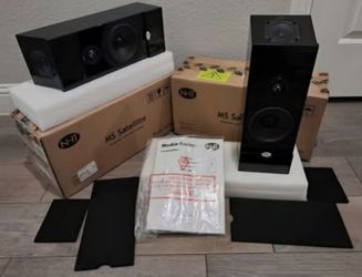 NHT Atmos bookshelf speakers and Center Channel and stands