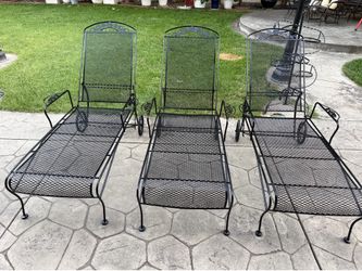 3 Black Wrought Iron Chaise Lounge With Wheels & Cushion