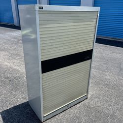 Delivery Available! Vintage Wright Line Beige Metal Roll Up Door Garage Shop Storage Cabinet Shelf Shelving! Sturdy. Some rust on front bottom edge.  