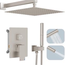 Hoimpro 12 Inch Shower System Set Bathroom Rain Shower Head Brass 2 In 1 Handheld Sprayer Wall Mounted, Rainfall Shower Faucet Spray Fixture Valve Kit