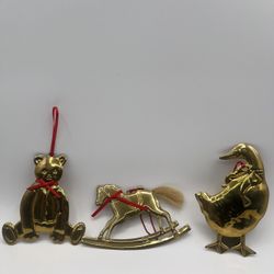 Vintage Department 56 Brass Christmas Tree Ornaments: Rocking Horse, Teddy Bear & Duck