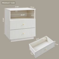 ✌️ Fluted Nightstand with Charging Station, 21.65" Wide End Table with 2 Drawers, Modern Wood Bedside Table for for Bedroom, Living Room,White