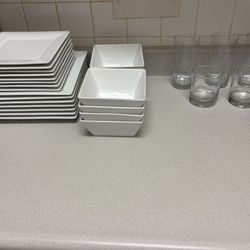 white square dish set and glasses