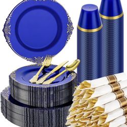 Goodluck 350 Piece Clear Blue Plastic Dinnerware Set for 50 Guests, Fancy Disposable Plates, Include: 100 Blue Rim Plastic Plates, 150 Silverwares, 50