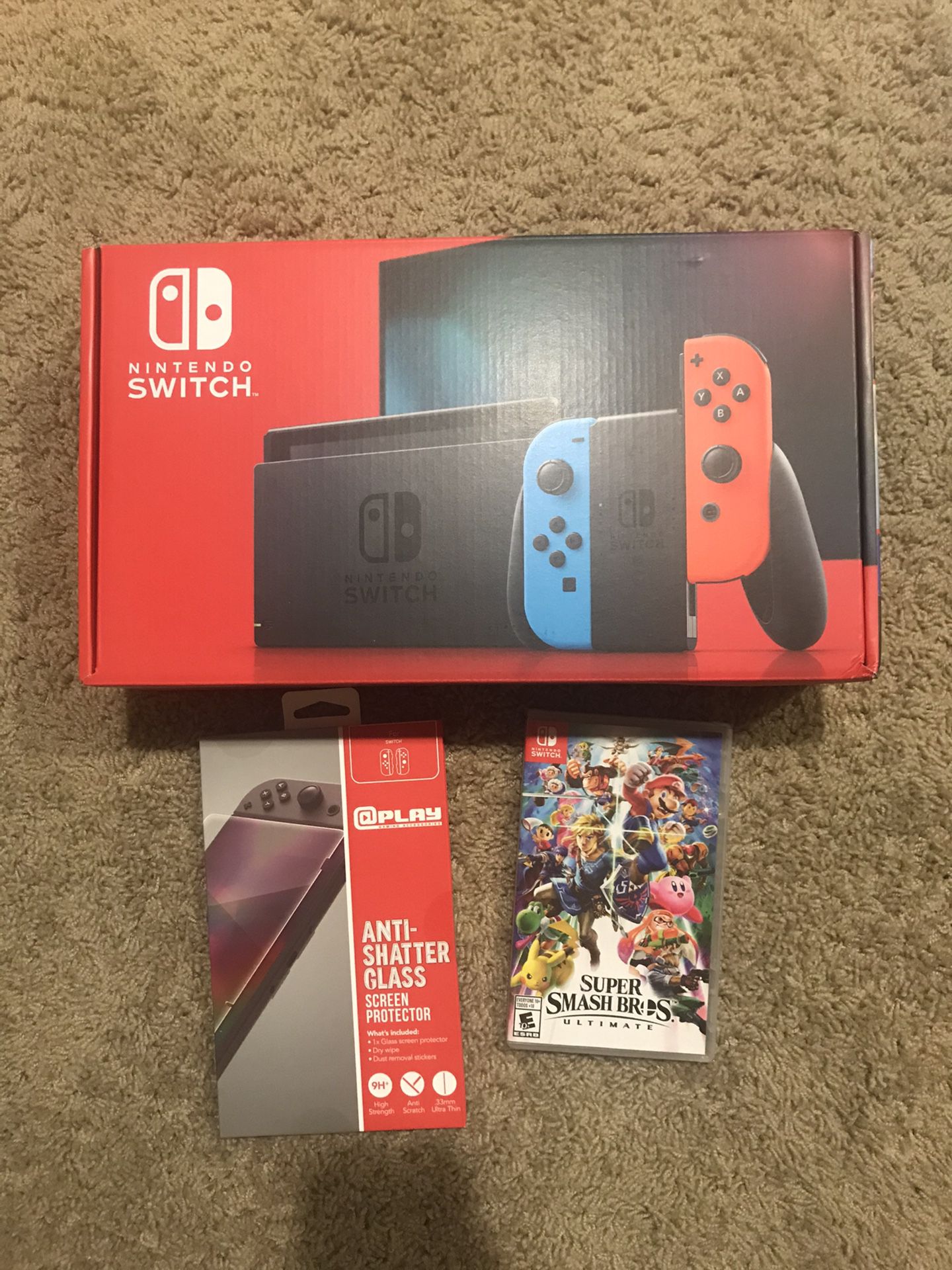 Nintendo Switch Neon Bundle with Super Smash Bro’s and Screen Protector