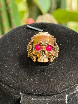 Halloween Gold Skull Ring with Red Stone Eyes